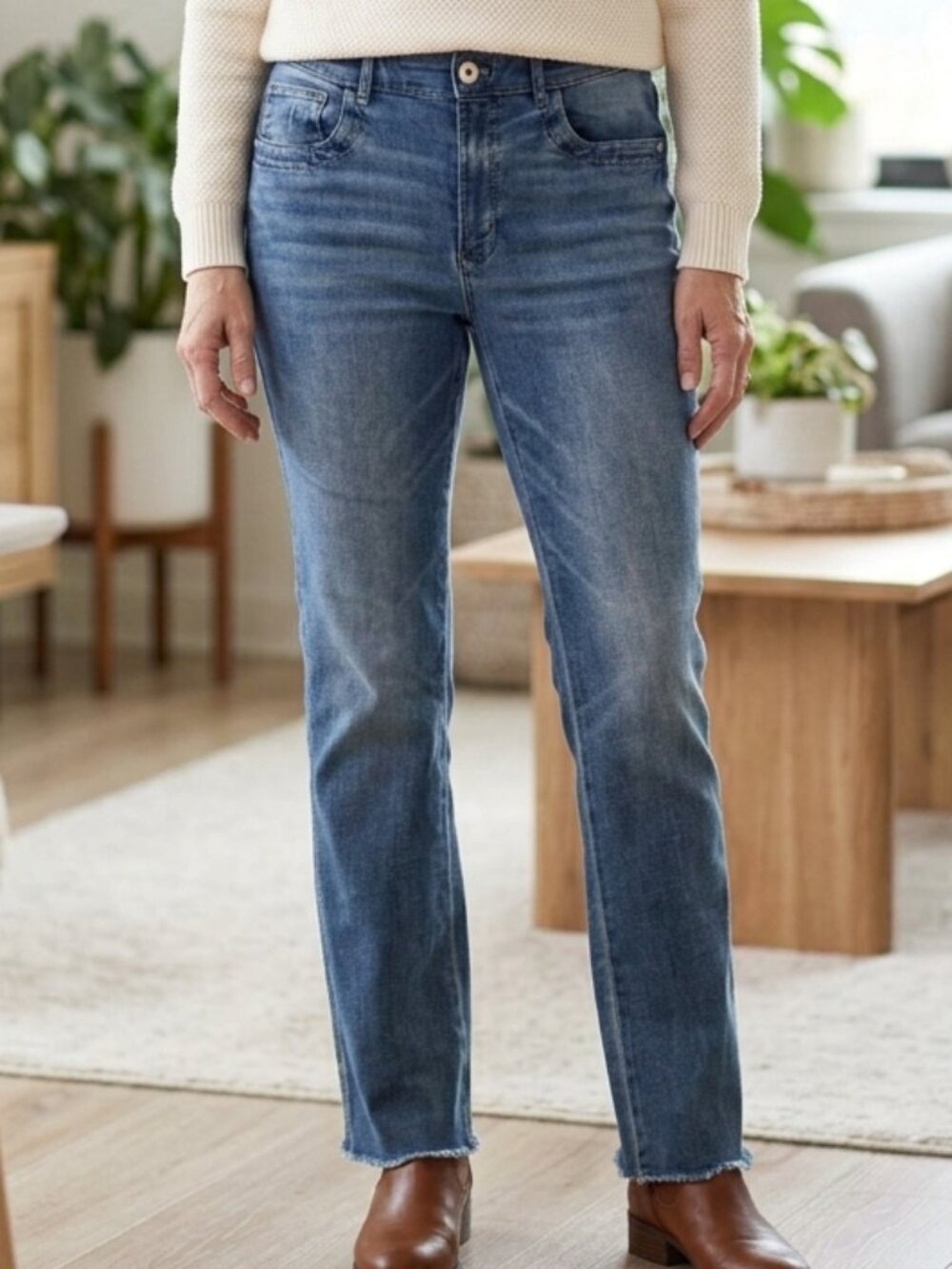J. Jill High Rise Bootcut Jeans Size 10 Regular Medium Wash Raw Hem Stretch